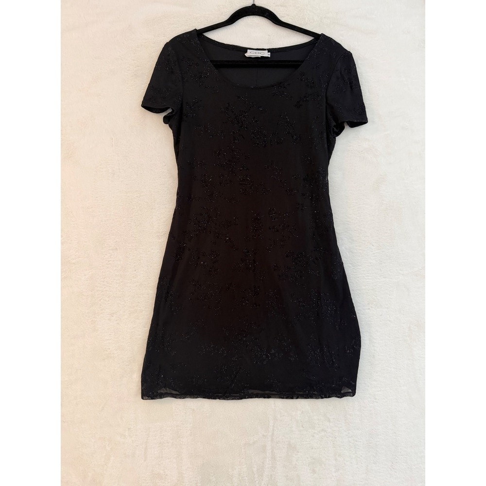 CDC Black Glitter Floral Mesh Mini Dress Womens Size 10 Short Sleeve Cocktail